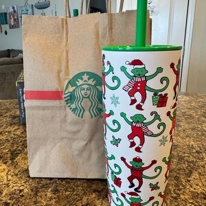 Starbucks Festive Monkey Tumbler with Green Straw